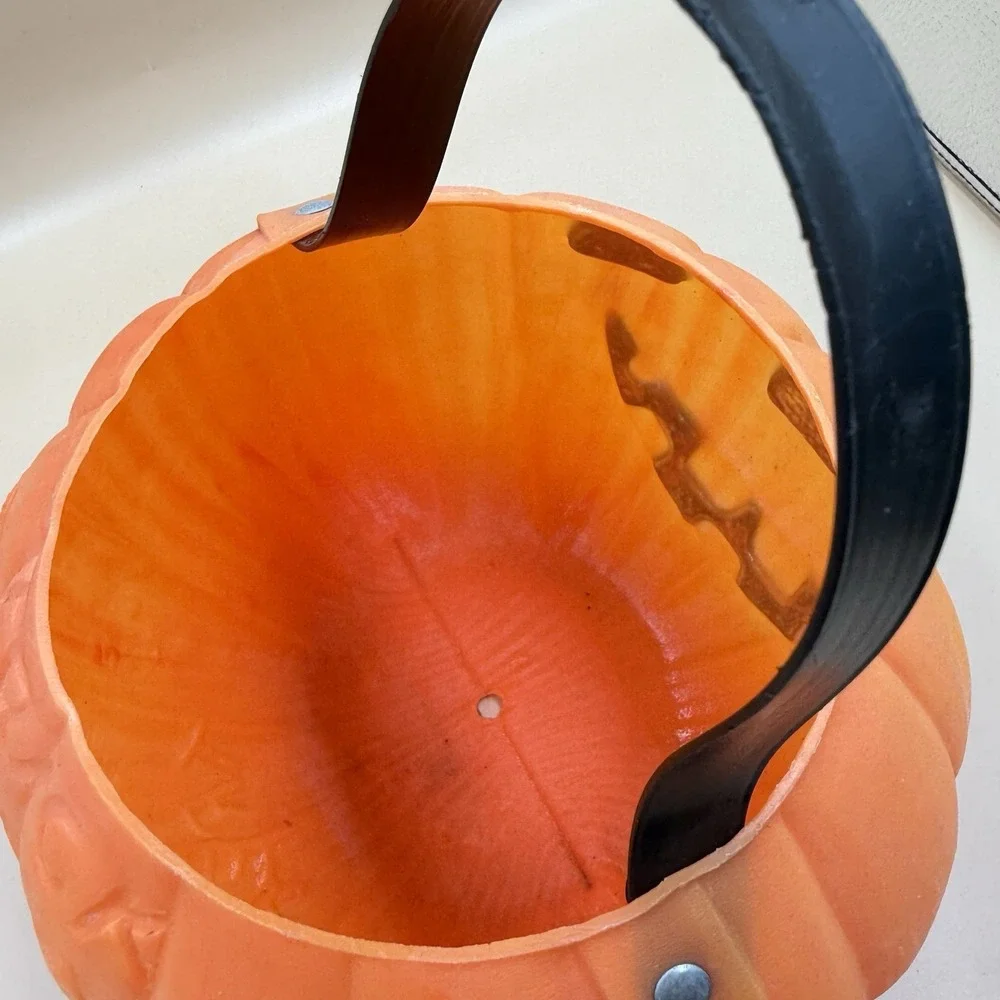 Vintage Renzi 2-Sided Halloween Blow Mold Pumpkin Witch Candy Pail Bucket Retro